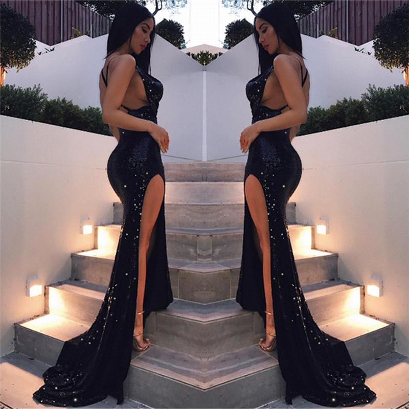 

Alluring 2019 Black Mermaid Prom Dresses Long Sequined Dresses High Side Split Backless Formal Dresses Evening Gowns Party Wear Arabic, Ivory