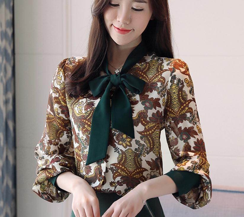 

bowknot shirt long sleeved female 2018 spring loose and comfortable Korean chiffon shirt tax stamp, Green