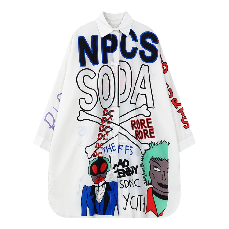 

Shirt dress fall and winter new tidal brand original style dinosaur digital printing loose long-sleeved lapel shirt, White