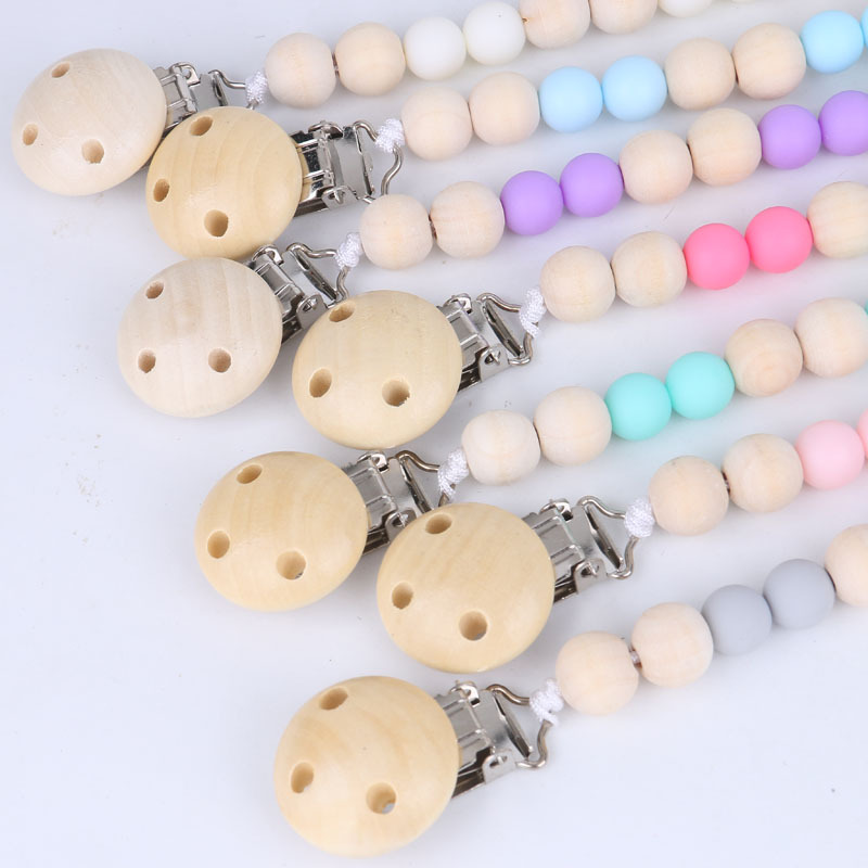 Baby Wood Bead Pacifier Chain Clips with Cover Foreign Trade Hand Made Natural Infant Gracious Holder-image-427085113