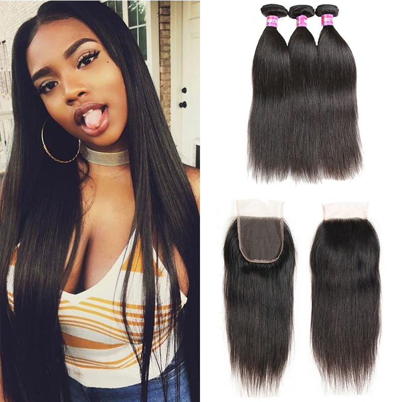 

Peruvian Virgin Hair Straight 3 Bundles With 4X4 Lace Closure Unprocessed Human Hair Weaves Can Be Dyed Natural Color 10 inch-30 inch