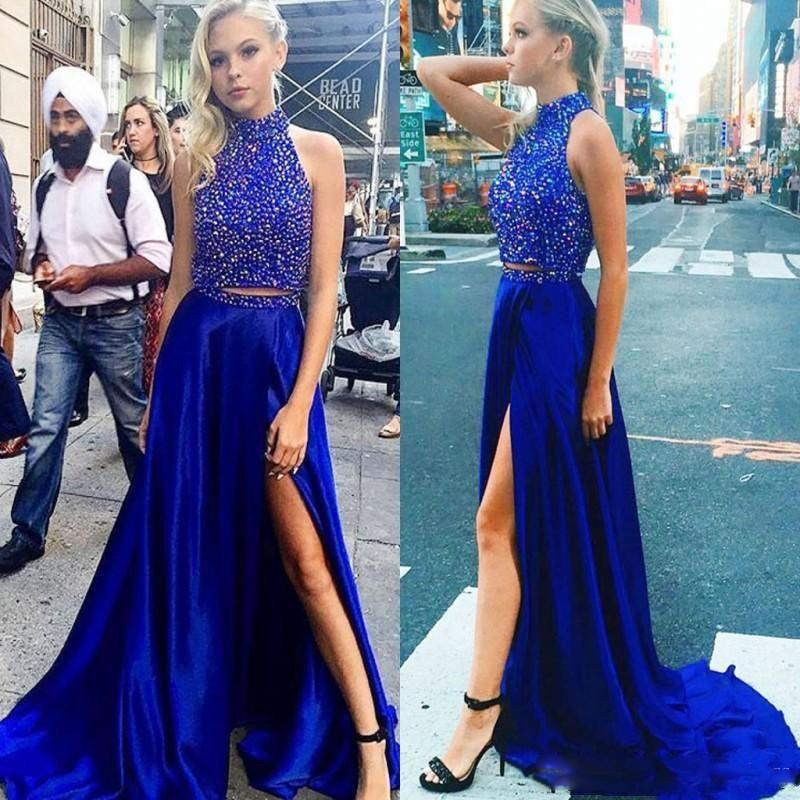 Abendkleider Royal Blue Two Piece Prom Dresses A Line Halter Neck Split Evening Gowns Floor Length Party Celebrity Red Carpet Dress Custom