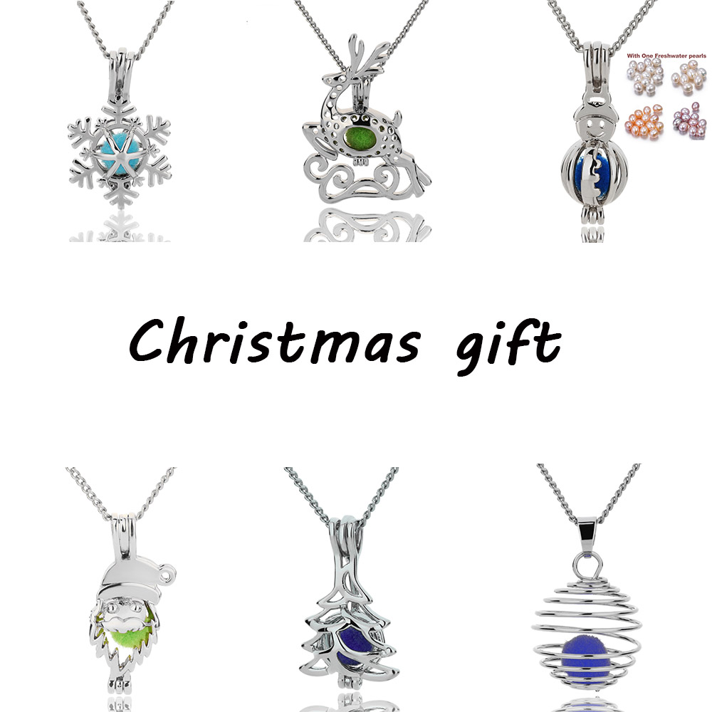 

50ps Pearl Cage Pendant Necklace With Oyster Pearl Christmas tree snowman deer Santa Hollow Locket Clavicle Chain pearl Necklaces jewelry
