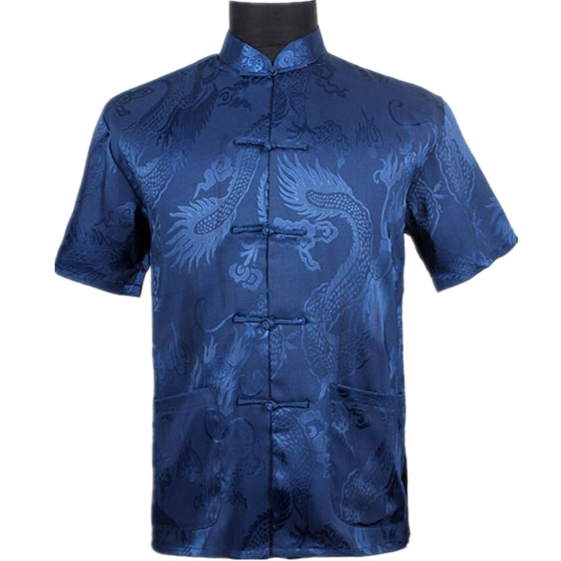 

Men's Casual Shirts Top Navy Blue Silk Satin Shirt Chinese Vintage Short Sleeve Garment Tang Suit S M L XL XXL, Black