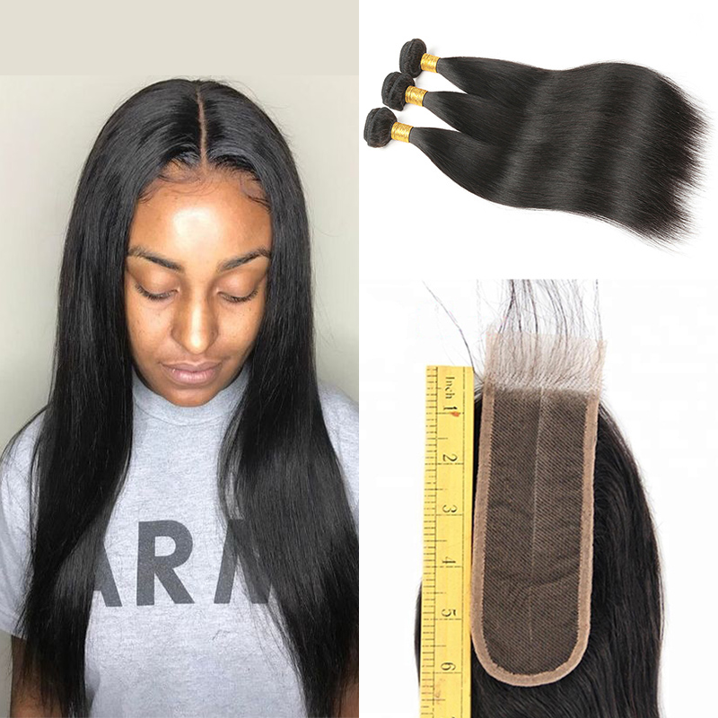 

Brazilian Human Hair 3 Bundles With 2x6 Middle Part Lace Closure Cheap Silky Straight 2*6 Inch Natural Looking Deep Parting Fine Closure