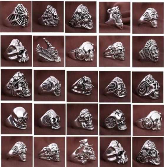 

wholesale 30pcs/lot vintage sports men's gothic skull rings metal rock jewelry mixed styles 18-22mm(color:silver)
