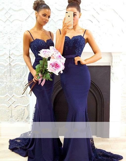 

Navy Blue Beaded Mermaid Bridesmaid Dresses Long Cheap Spaghetti Straps Floor Length Formal Evening Gowns Prom Dresses Maid Of Honor Gowns