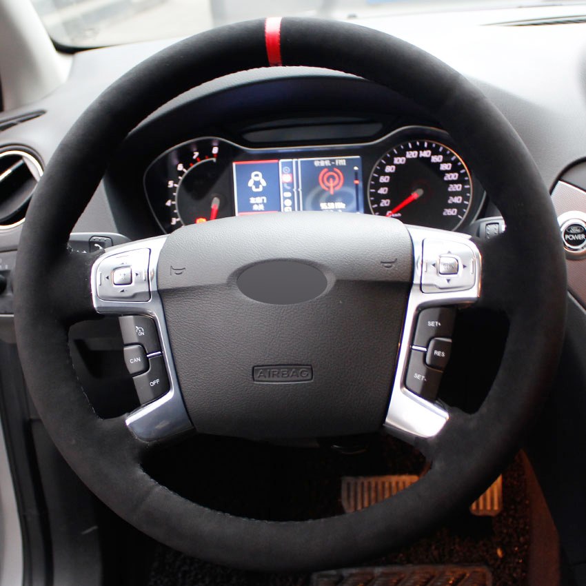 Black Suede Hand-stitched Car Steering Wheel Cover for Ford Mondeo Mk4 2007-2012 S-Max 2008-image-429883732