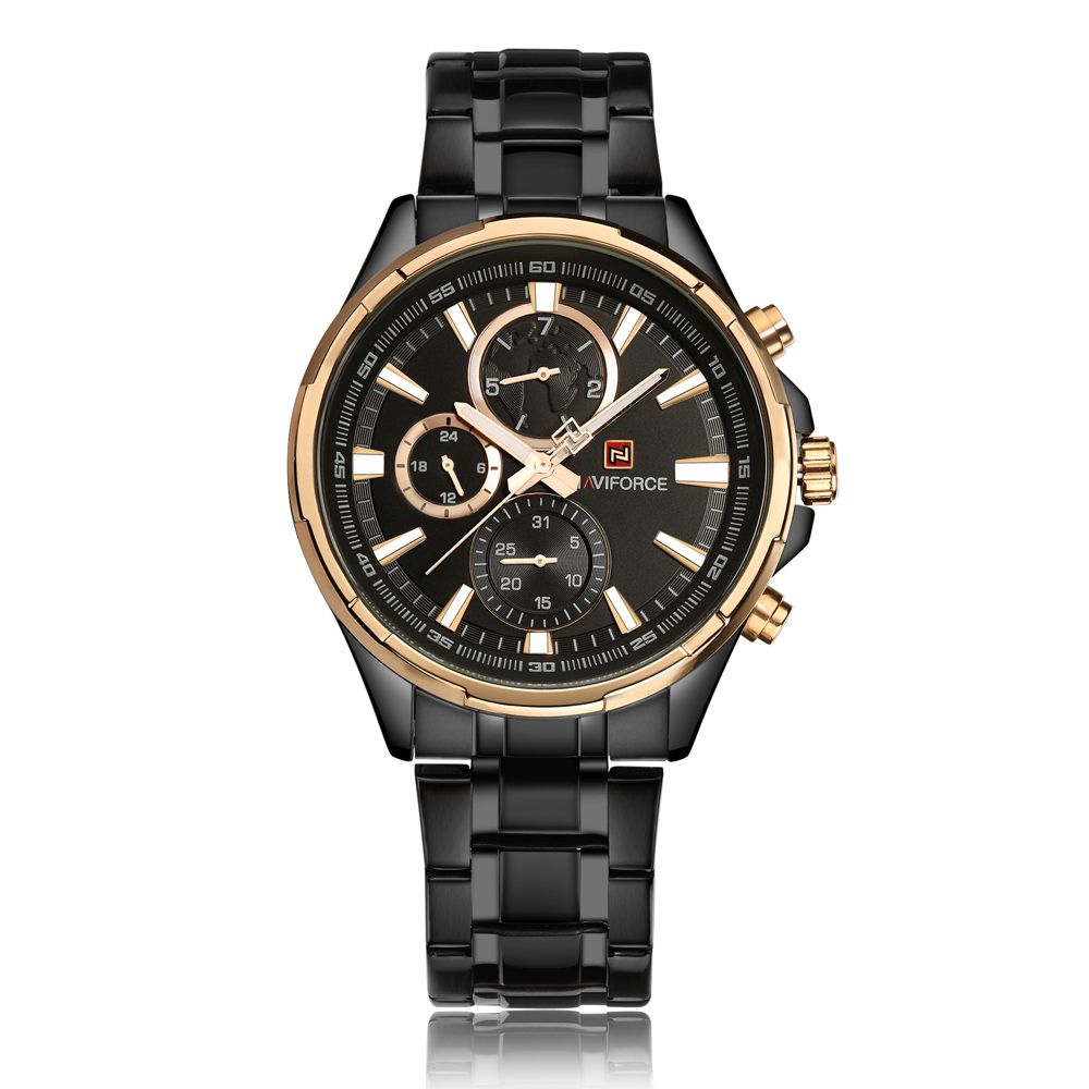 

NAVIFORCE Original Good quality Men's Sports Waterproof Stainless steel band 3 Dials Multi-function Wrist Watch 9089, Silver black