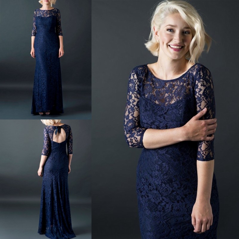 

Elegant Plus Size Mother Of The Bride Dresses Hollow Back Dark Blue Half Sleeve Floor Length Mothers Formal Dress