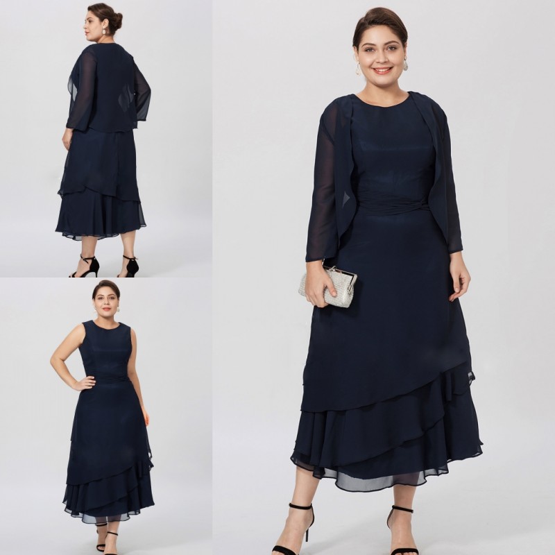 

Cheap Navy Blue Mother Of The Bride Dresses With Jacket Tea Length A Line Mothers Formal Wear Plus Size Wedding Guest Dress