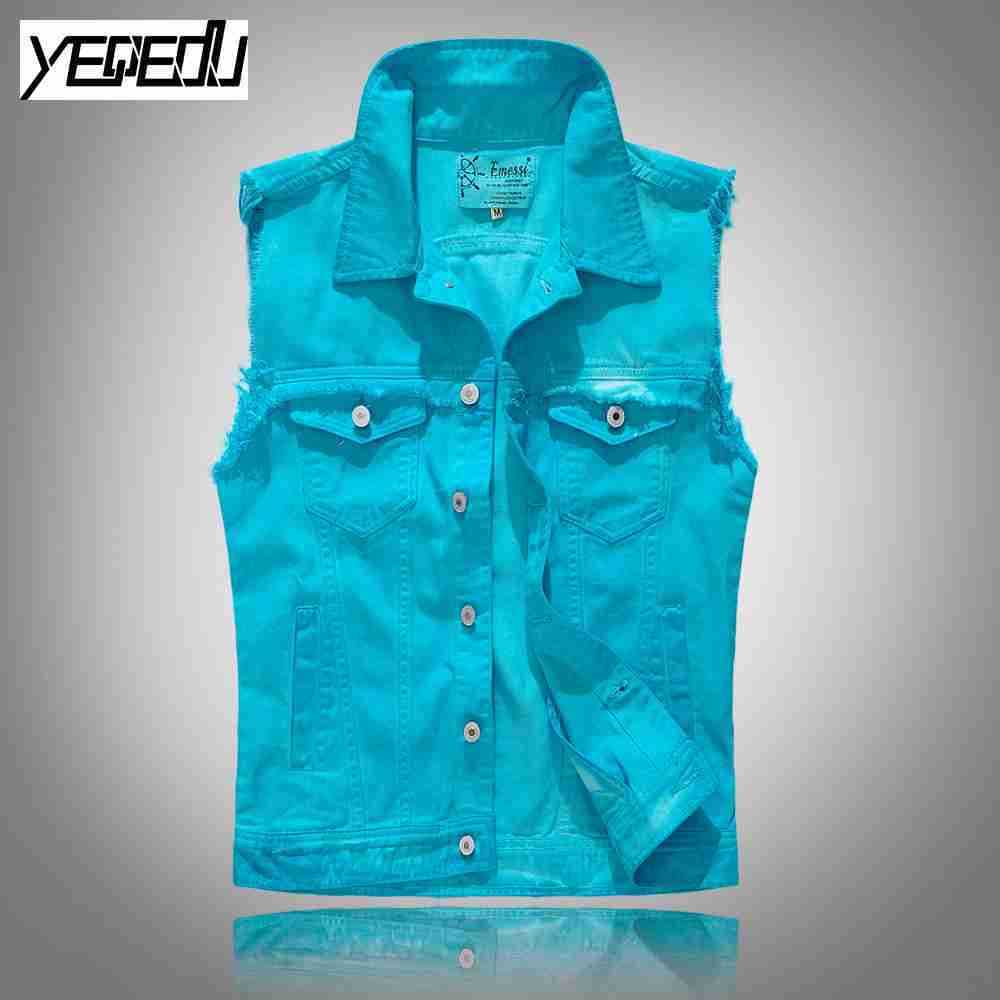 #3407 2018 Denim vests for men Punk Slim Ripped biker vest Streetwear Sleeveless jacket Cardigan Vintage Gilet moto Blue Hip hop