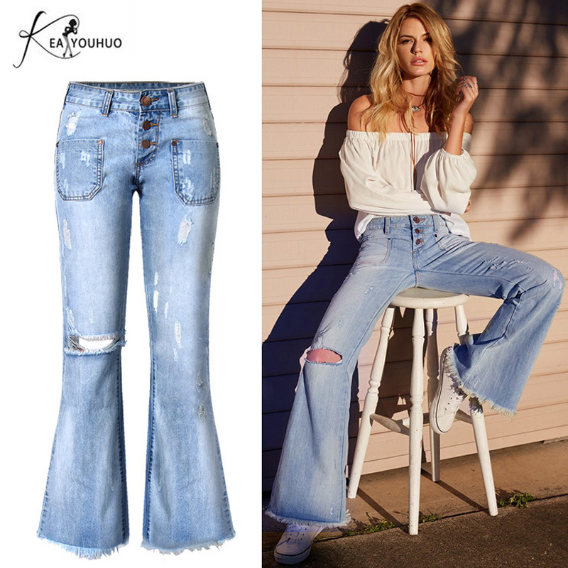 

Women Ripped Flare Jeans For Women Deep Blue Wide Leg Vintage Skinny Denim Pants Young Pantalones Mujer Woman, As picture
