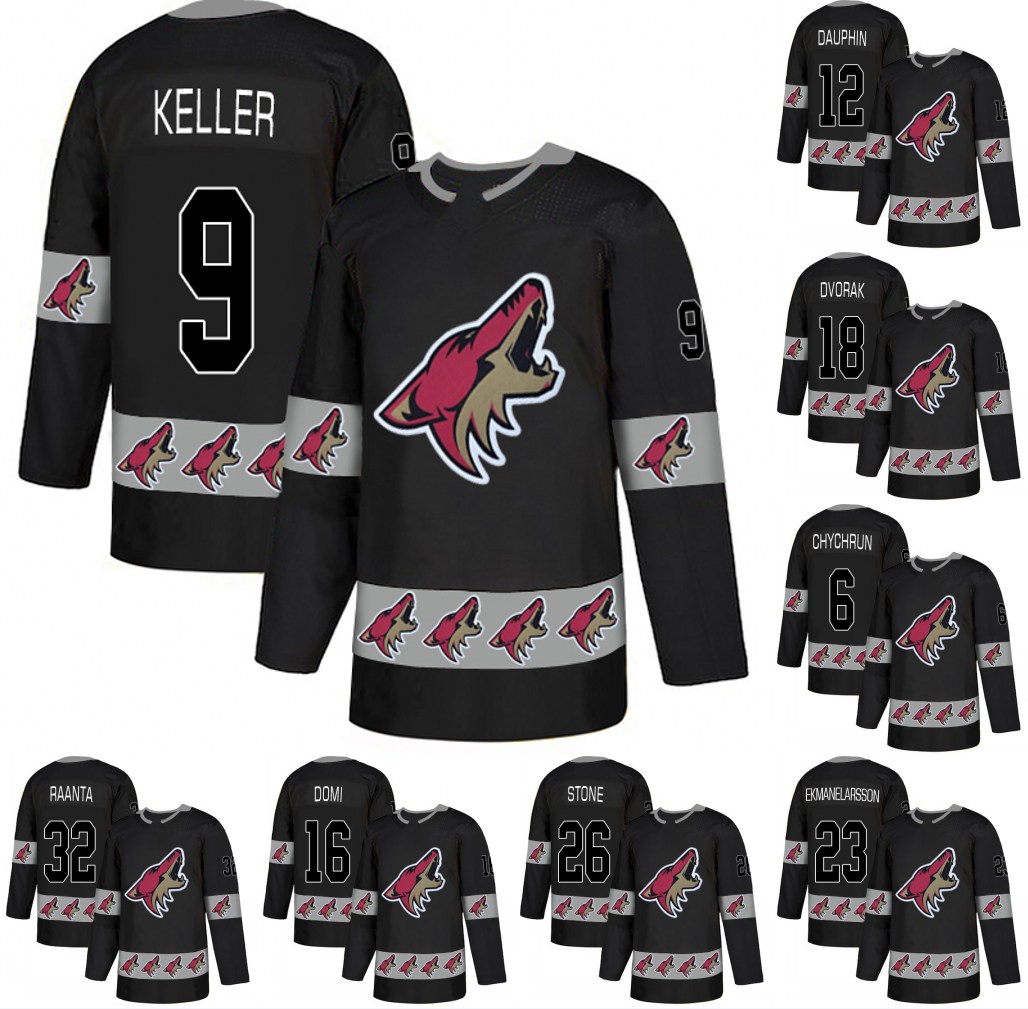 Hommes 9 Maillot Clayton Keller Arizona Coyotes 32 Antti Raanta 23 Oliver Ekman-Larsson 18 Robbie Russo 6 Jakob Chychrun Chandails de Hockey Noir