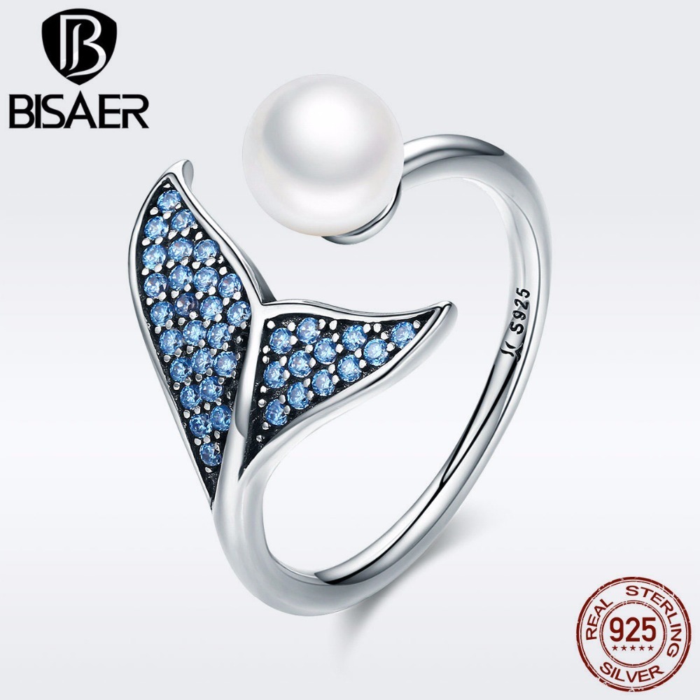 BISAER 100% 925 Sterling Silver Female Mermaid Tail Adjustable Finger Rings for Women Wedding Engagement Jewelry S925 GXR286 Y1891205