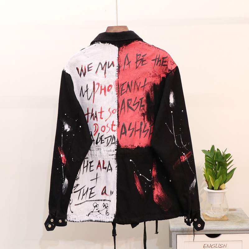 European 2018 Autumn New Heavy Washed Hand-painted Letter Graffiti Multi-pocket Frock Windbreaker Pink Jean Denim Coat Jacket
