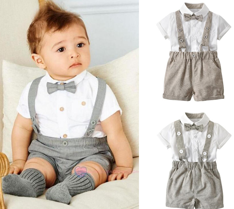 

New Summer Baby Boys Set Kids Short Sleeve Bow Tie Short + Suspender Shorts 2pcs Boys Clothes Suit Children Boy Outfits 3949, Gray