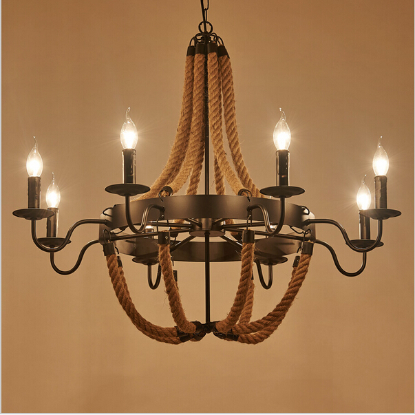 

Retro LED Hemp Rope Pendant Light Vintage Iron Chandelier Lighting for Livingroom Coffee Bar Restaurant 3/6/8 Heads