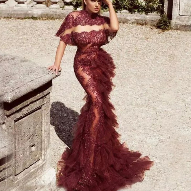 

Amazing Portrait Mermaid Evening Dress Lace Appliques High Neck Short Sleeves Red Carpet Dress Sexy See Through Tiered Evening Gown Dubai, Yellow