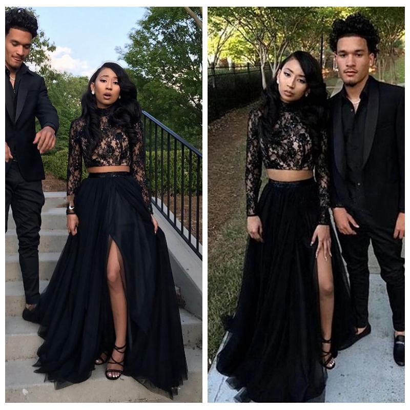 

2018 Lace Top Long Sleeves Two Piece Black Prom Dresses A-Line Tulle Sexy Side Split Evening Gowns Cheap Sexy Girls Vestidos Two Piece, Ivory