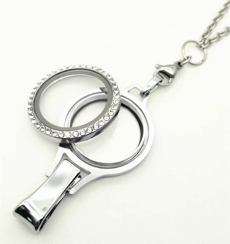 

Twist Screw Floating Locket Lanyard Charm Lanyard Necklace With Badge Id Name Card Holder With Rolo Link Chain 30 Inch, Silver