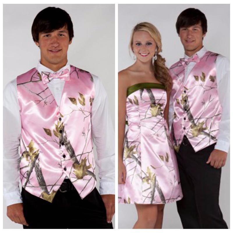 

2019 Vest Pink Camo Men Vests Custom Camouflage Groom Groomsman Vest Cheap Satin Real Tree Formal Wedding Vests Country Groom Vest+Bow, Same as photos