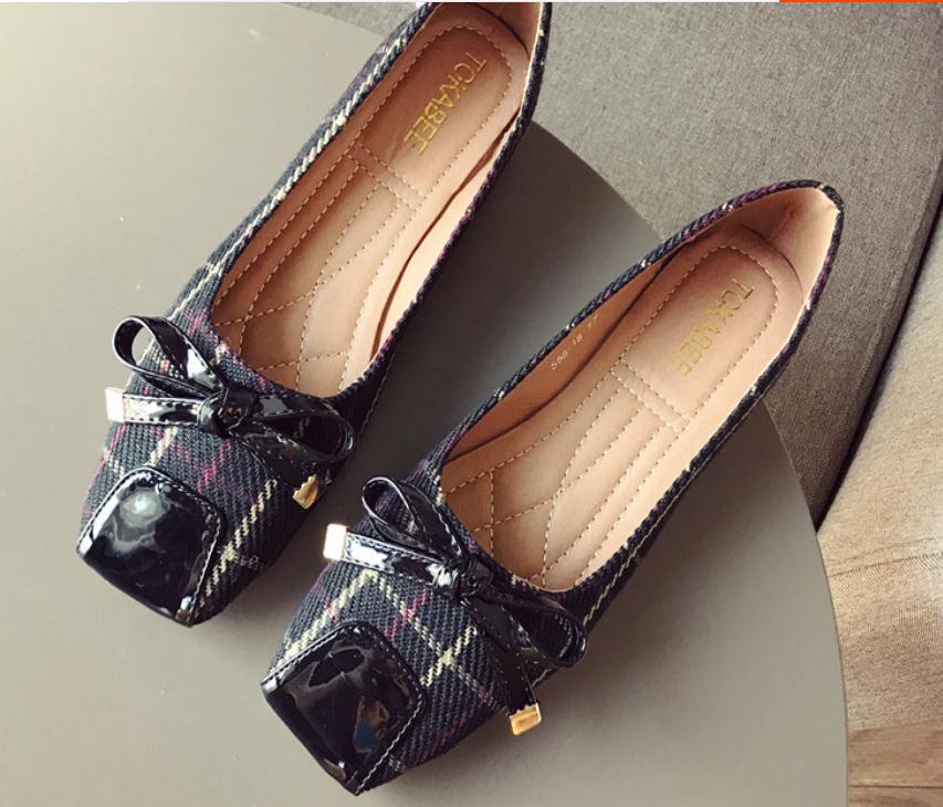 

Free send 2018 spring new style Blue Patchwork Square head flat bottom bowknot women's Cloth shoes, Black