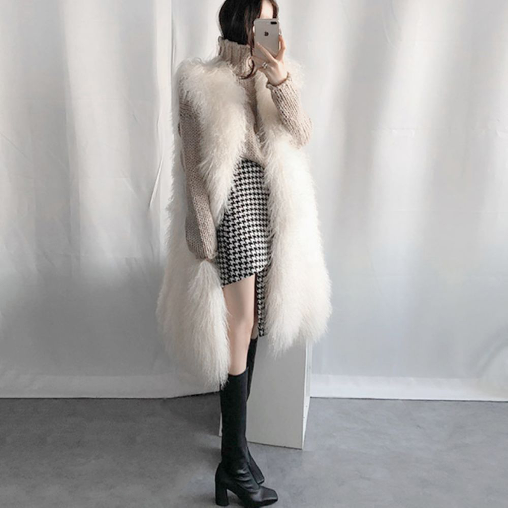 

Long Faux Fur Jacket CHEAPEST Quality Faux Fur Coat Women Fur Vests F593 Fluffy Shaggy Jacket, Beige