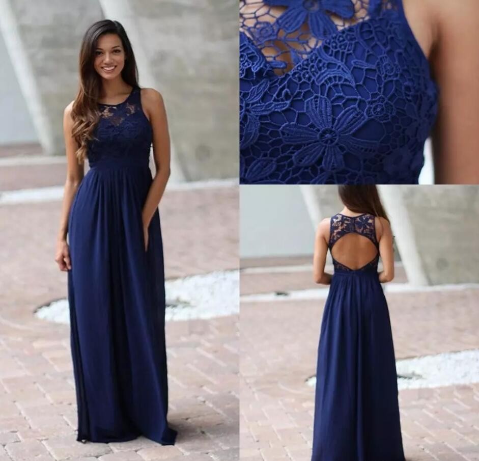Pays Sheer bleu royal Brides Femme de ménage de demoiselles d'honneur robes 2020 sans manches en dentelle Backless longue robe pleine longueur Pa