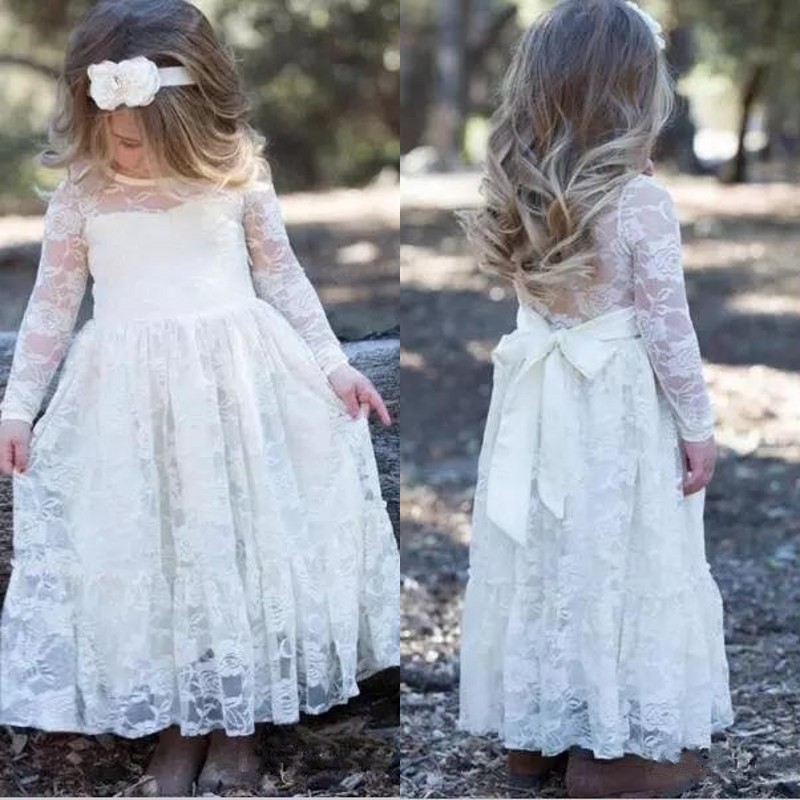 

Modest 2018 Flower Girl Dresses for Beach Wedding Jewel Neck Long Sleeves A Line Ankle Length White Lace Girls First Holy Communion Dress, Ivory