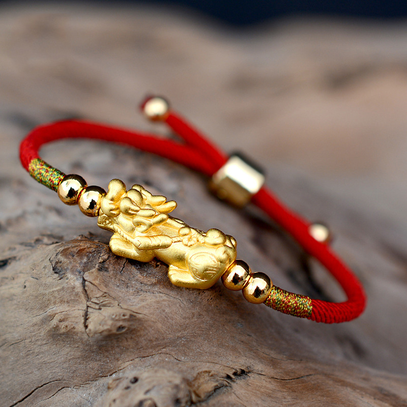 

Lucky Red Rope Bracelets 999 Sterling Silver Pixiu Gold Color Tibetan Buddhist Knots Adjustable Charm Bracelet For Women