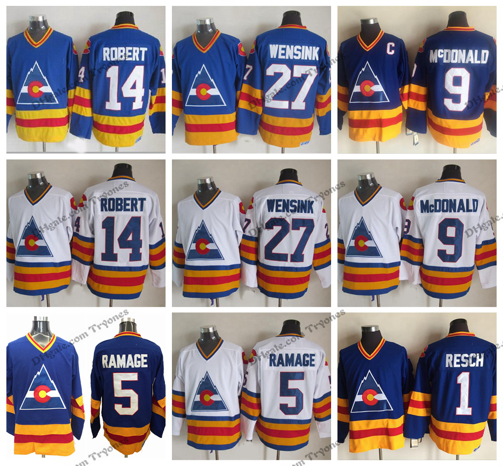 

1981 Vintage Colorado 27 John Wensink 5 Rob Ramage 14 Rene Robert 9 Lanny McDonald 1 Glenn Chico Resch Hockey Jerseys, White 14