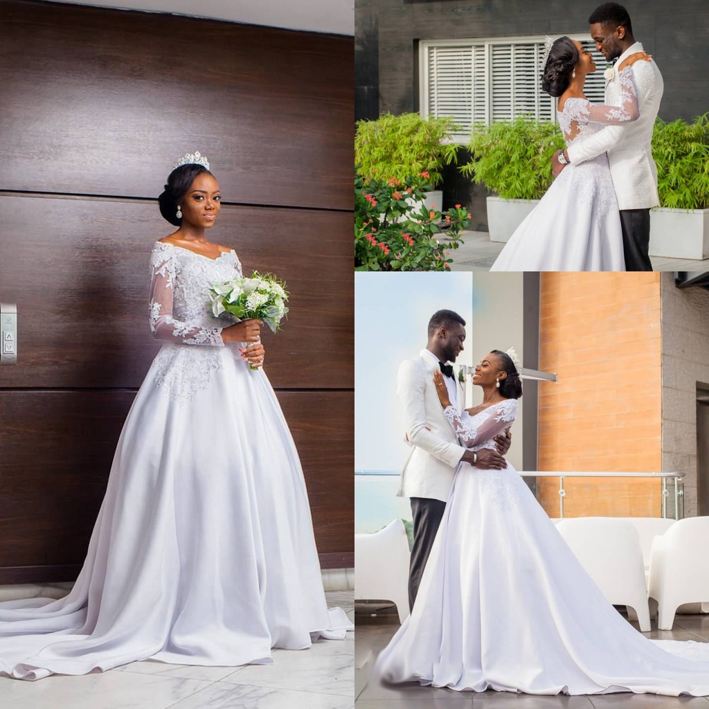 

Black Girls New Lace Applique Wedding Dresses V Neck Long Illusion Sleeves Court Train Wedding Dress Bridal Gowns Robe de mariee, White
