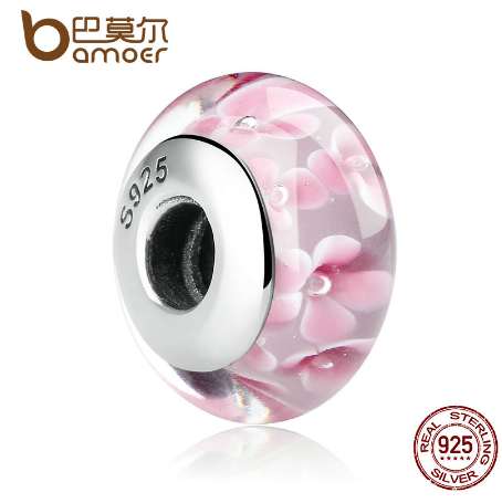 

Mother's Day DEALS 925 Sterling Silver Lovely Pink Flower Pattern European Murano Glass Beads Charms for DIY Bracelets