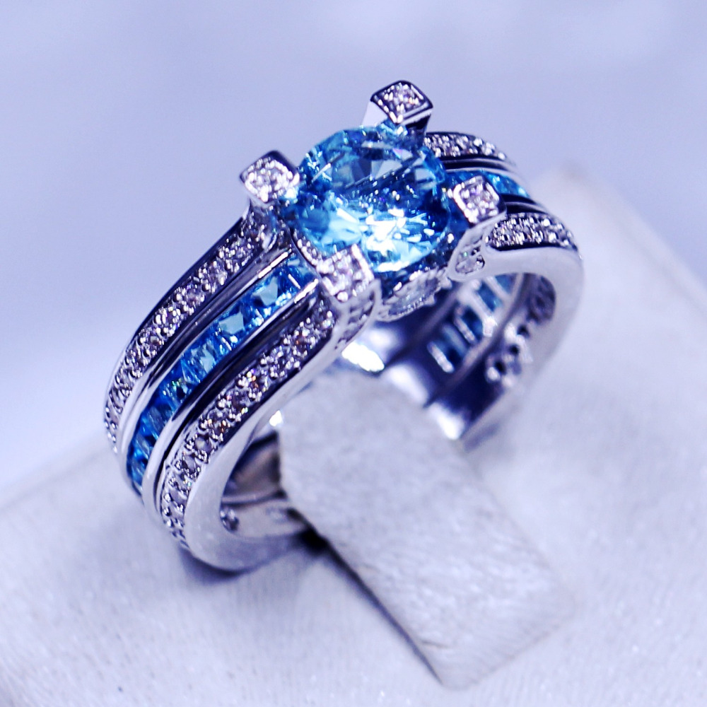 

Fashion Jewelry wedding band rings for women men 3ct Sky blue 5A Zircon Cz 925 Sterling silver Birthstone Female Ring set Gift