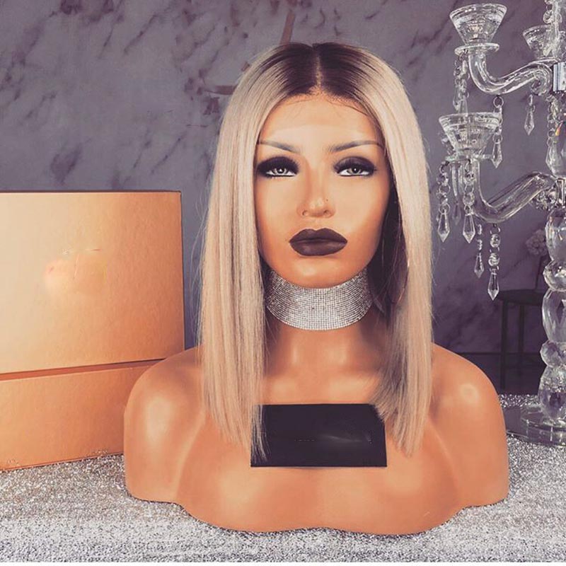 

African American Wigs Ombre Blonde Bob Wig Heat Resistant 14Inch Glueless Synthetic Lace Front Wig Short Wigs For Women, Ombre color