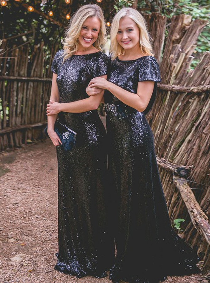 

NEW ARRIVAL Cap Sleeves Dark Royal Blue Bridesmaid Dresses Sequined Backlesses Long Dresses for Wedding Party, Black