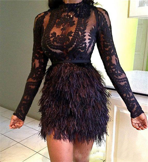 

Fashion 2018 Black Christmas Feather Cocktail Dresses Illusion Long Sleeves Embroidery Formal Party Wear Short Prom Celebrity Gown, Water melon