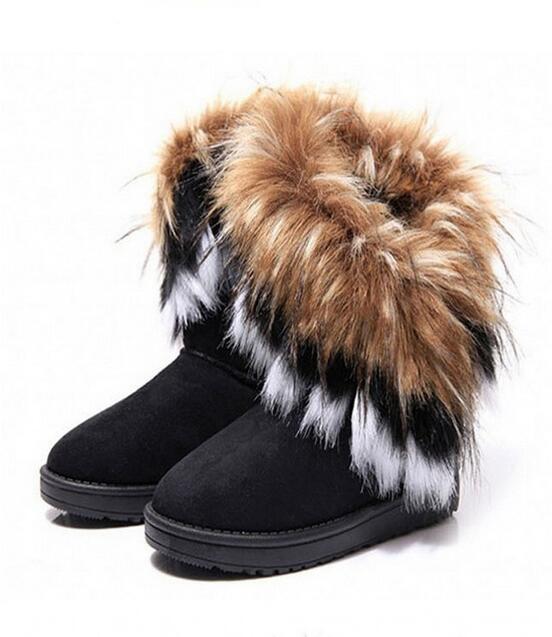

New Fashion Fox Fur Warm Autumn Winter Wedges Snow Women Boots Shoes GenuineI Mitation Lady Short Boots Casual Long Snow Shoes, Black
