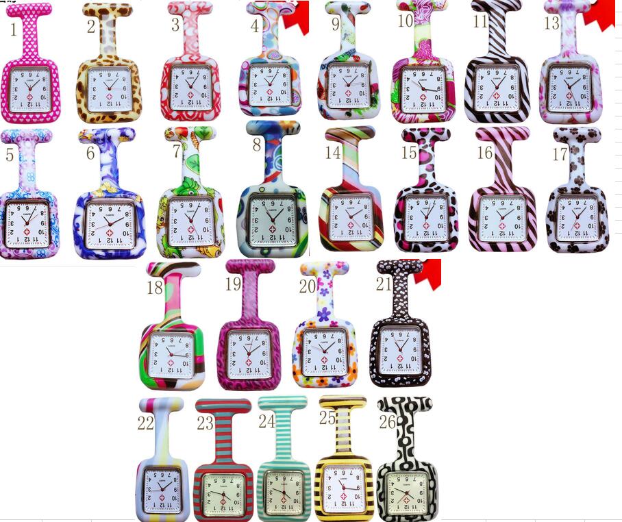 

Wholesale 100pcs/lot 26colors Square Colorful Prints Silicone Nurse watch Pocket Watches Doctor Fob Quartz Watch Kids Gift Watches NW014, 26 colors