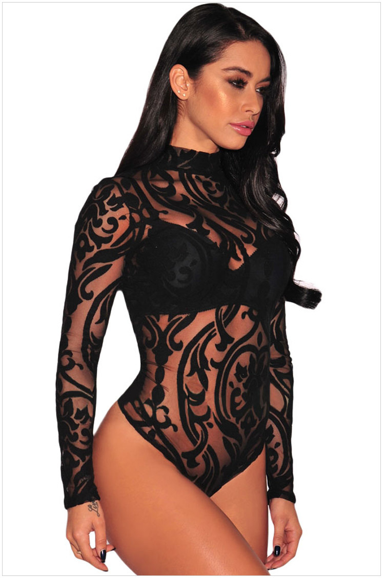 S M L noir extensible col roulé à manches longues Sexy dentelle body nouveau printemps maille body pour femmes barboteuses Clubwear DLM32110