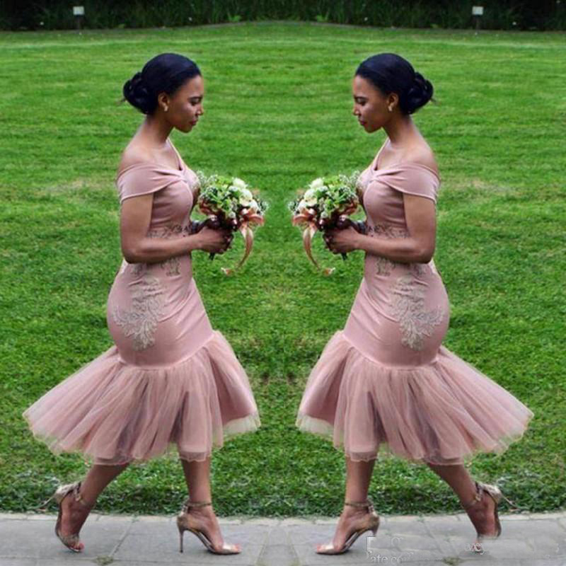 

2019 Stylish Dusty Pink Off Shoulder Mermaid Bridesmaid Dresses Tea Length Maid Of Honor Gowns African Cheap Party Formal Gowns