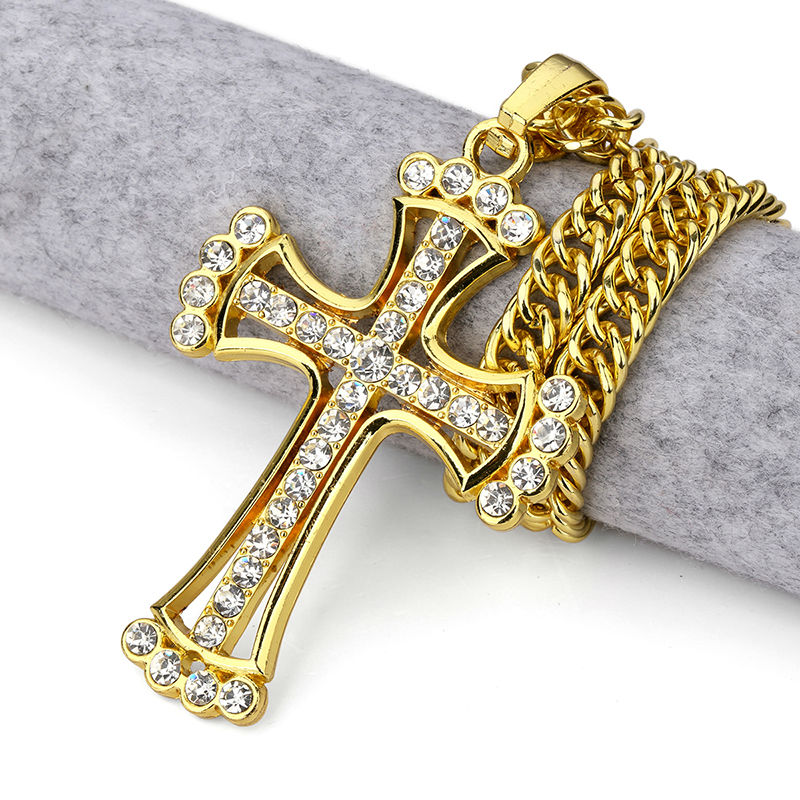 

Gold Silver Cross Pendant Necklace CZ Rhinestone Crystal For Men/Women Religious Christian Jewelry Link Chain Punk Fashion