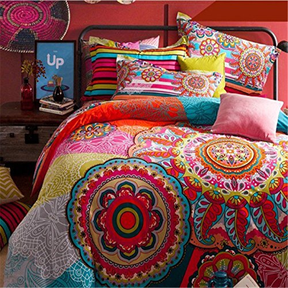 

FADBoho Style Bedding Sets Boho Duvet Cover Set Bohemian Bedding Set Queen Size 4Pcs Cotton Bed Flat Sheet Bedclothes, Red