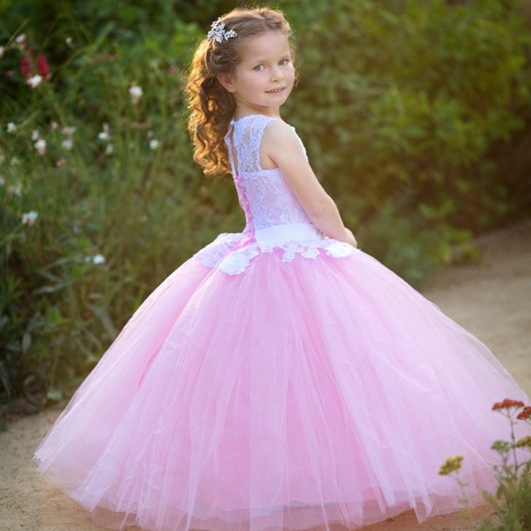 

Cute Ball Gown Flower Girls Dresses Lace Tulle Floor Length White Pink Children Wedding Holiday Birthday Party Dresses, Lanvender