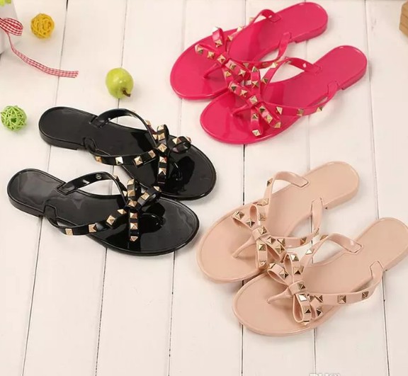 

New Summer Women Flip Flops Slippers Flat Sandals Bow Rivet Fashion Pvc Crystal Beach Shoes DH52, Black
