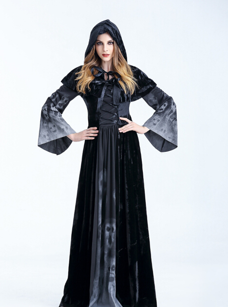 

Theme Costume Halloween Party Cosplay Women Vampires Witches Floor Length Dress With Shawl Bandage Robe Print Festival Wear Costumes, Black