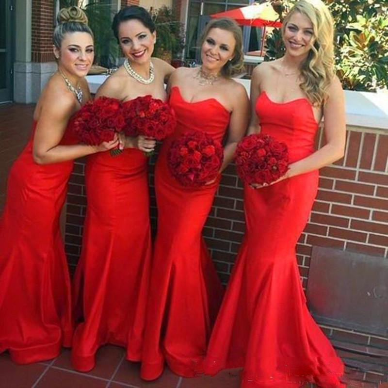 

2018 Simple Red Stain Bridemaid Dresses With Sexy Sweetheart Mermaid Wedding Guest Gowns Plus Size Maid Of Honor Gowns