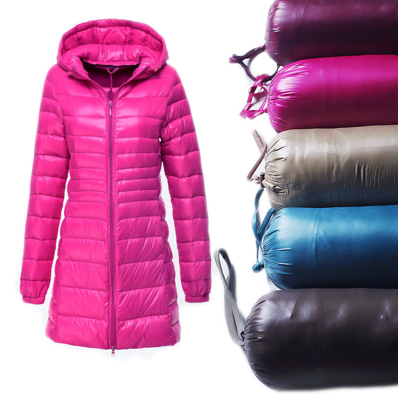 

Autumn Winter Women Ultra Light Down Jacket Long Hooded Warm Coat 90% Duck Down Jackets Female Slim Solid Parka Outerwear RH497, Burgundy