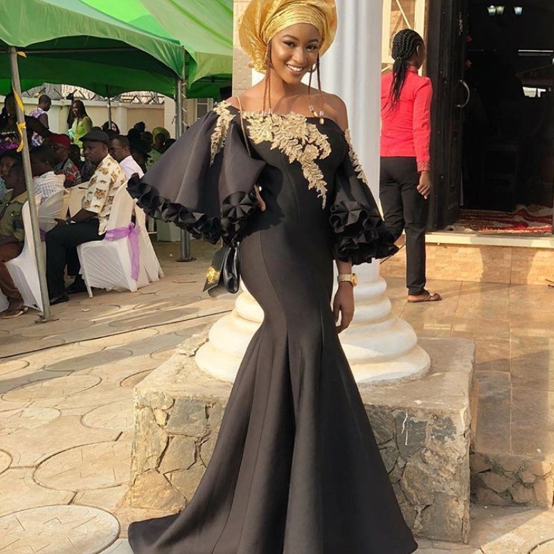 

Glamorous Mermaid Stylish Prom Dress Sexy Off Shoulder Golden Applique 3/4 Long Sleeve Special Party Dress Cheap Dubai AsoEbi Evening Dress, Yellow